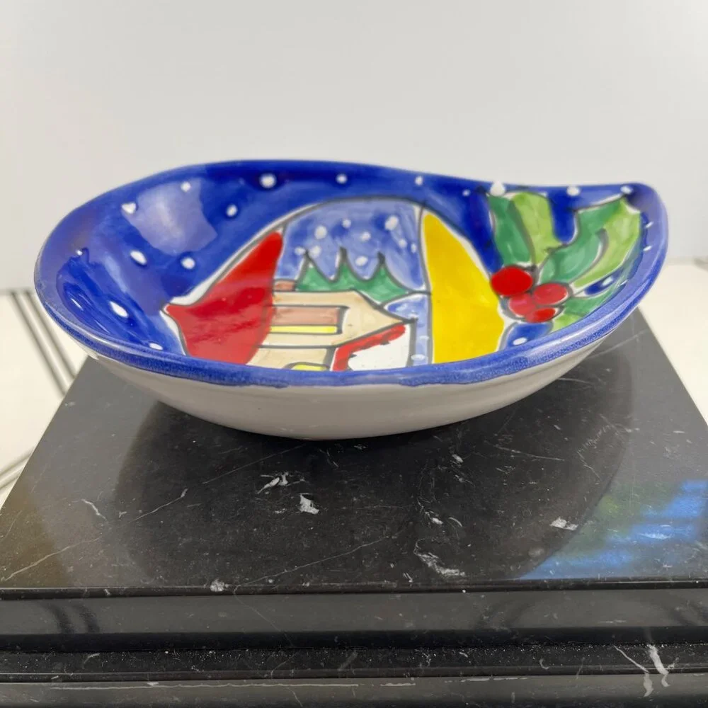 Vintage Made in Italy Ceramic Christmas Trinket Dish Winter‎ Cottage Scene Blue